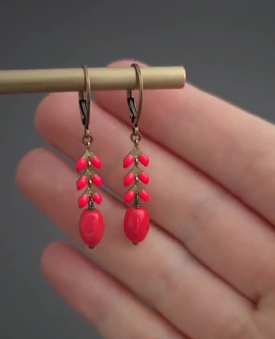 Boucles D'oreilles Clip (non Percées) Goutte Longue - Corail, émail Rouge Et Verre - Modèle Unique DZ1 - Neuf