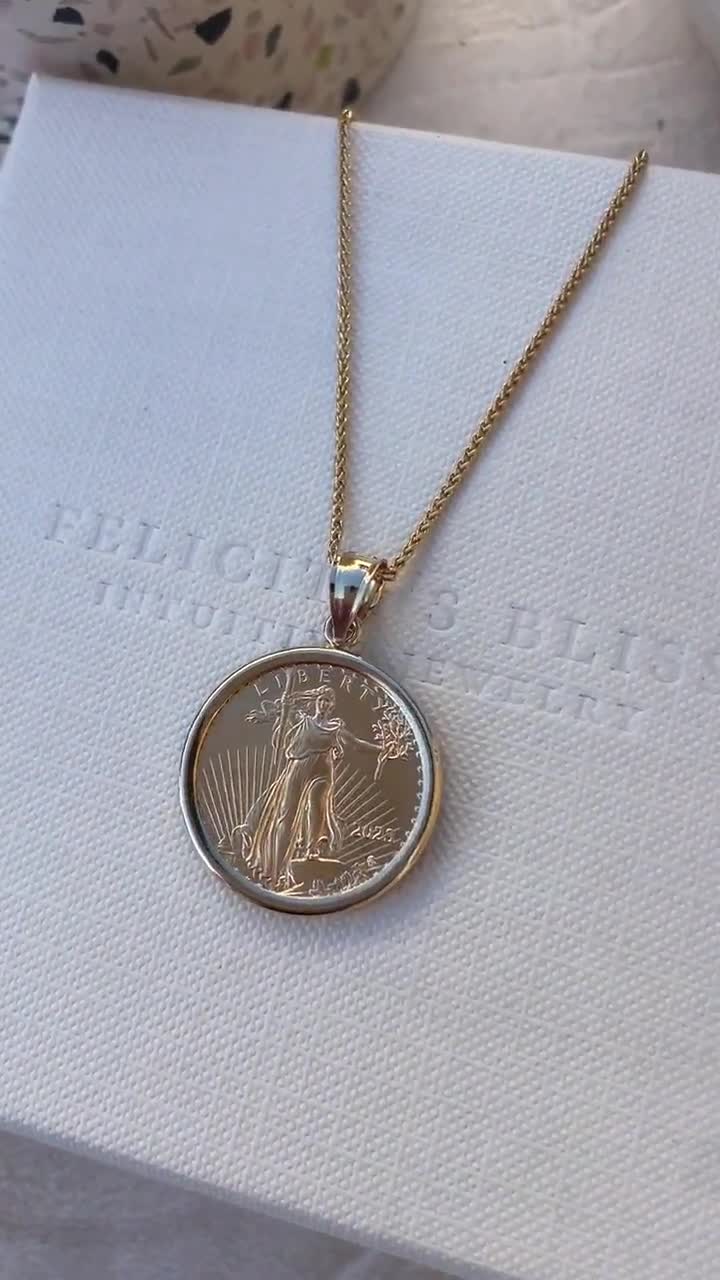 1/4 oz Gold American Eagle Liberty Coin Necklace | Liberty Coin Pendant |  Solid Gold Coin Jewelry | Patriotic Gift for Her, image size:720x1280