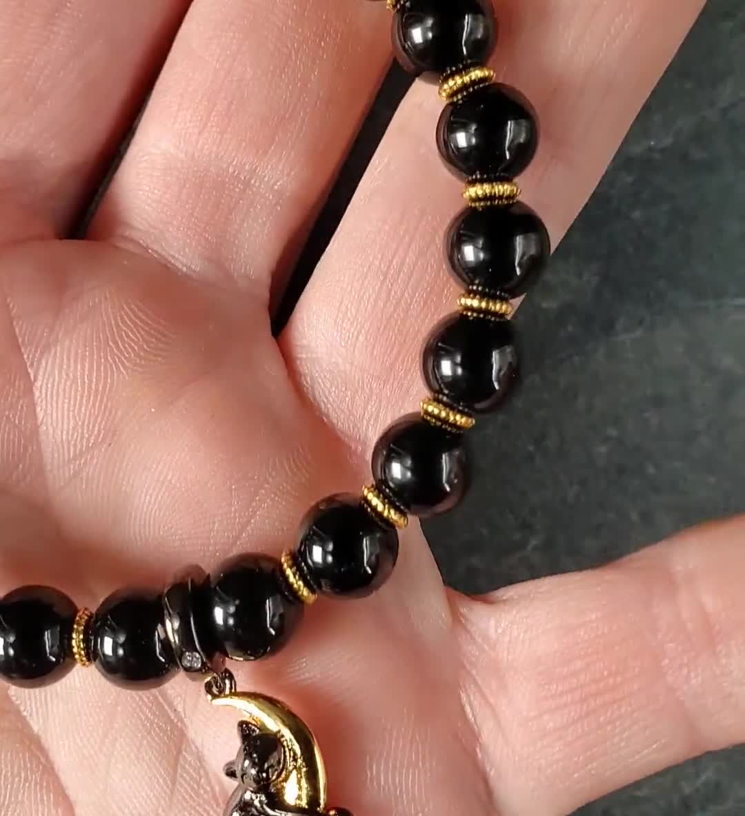 ブラックトルマリンブレスレット：スターリングシルバーの「月の猫