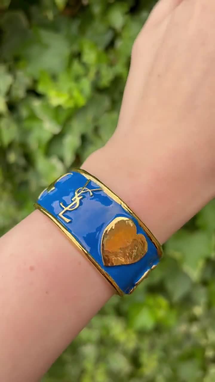 Vintage Y S L Laurent Ycons blue enamel bracelet cuff with gold tone star  heart dove