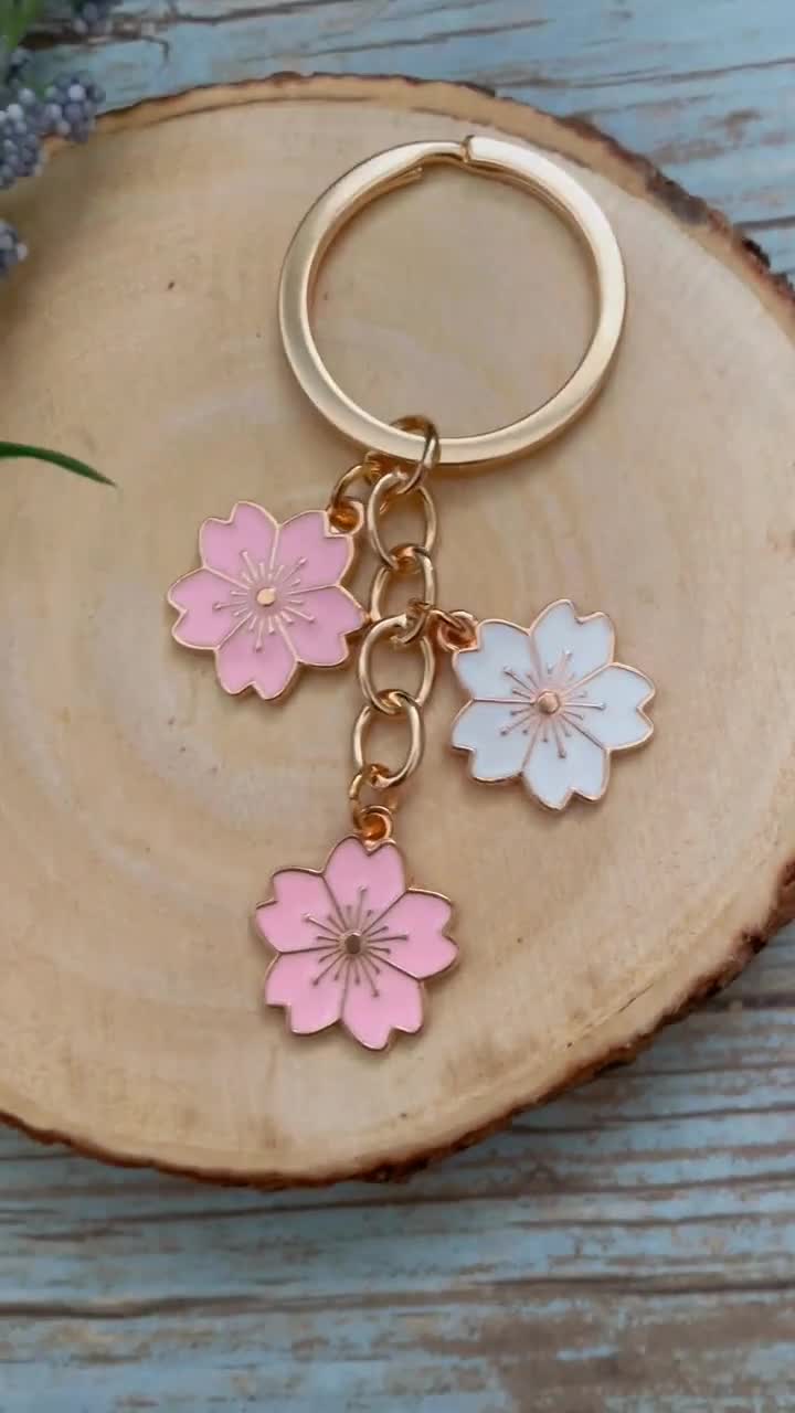 Cherry Blossom Keychain, Custom Initial Charm Sakura Flower