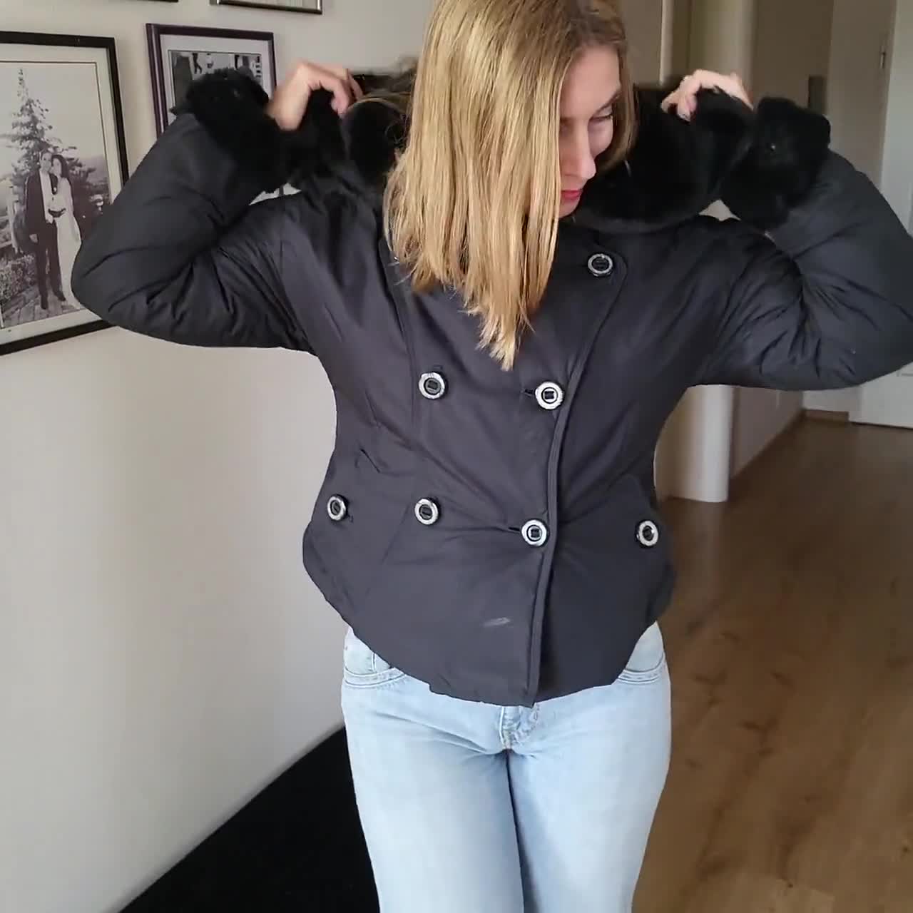 SPORTMAX Code Rabbit Fur Trim Down Jacket Double Breasted Cropped SPORTMAX Code Rabbit Fur Trim Down Jacket Double Breasted Cropped