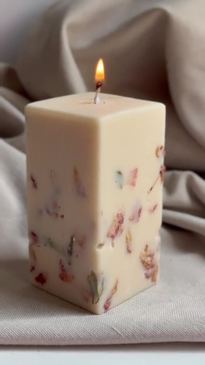 Square Candle With Petals, Magical Botanical Gift, Herbs Square Candle With Petals, Magical Botanical Gift, Herbs