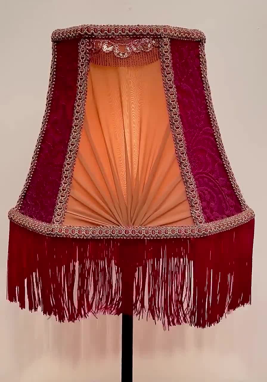 Handmade Victorian Lampshade: Maroon Satin, Floral Lace, Gold Trim