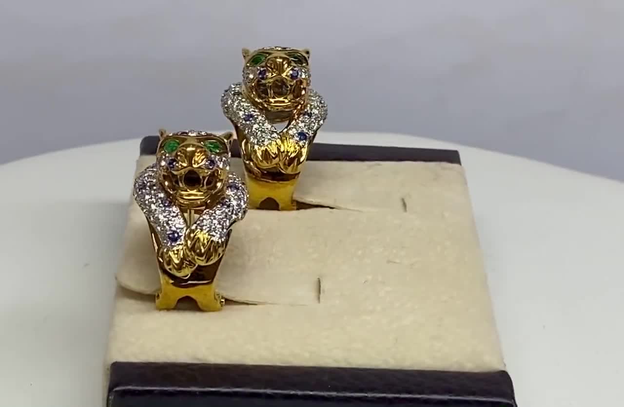 750 18K Yellow Gold Diamond Panther Clip On Earrings With Sapphires And  Emerald Eyes