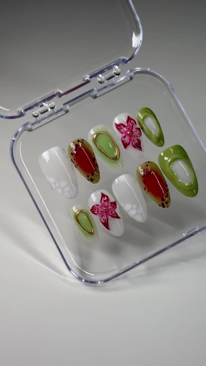 Uñas postizas verdes 3D: almendra, flor floreciente, efecto aura video poster