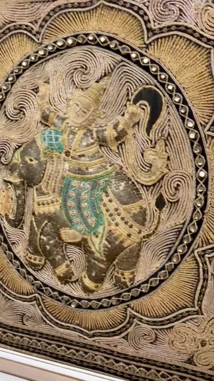 古いビルマのカラガタペストリー、象と神話の手刺繍の壁画、ミャンマー