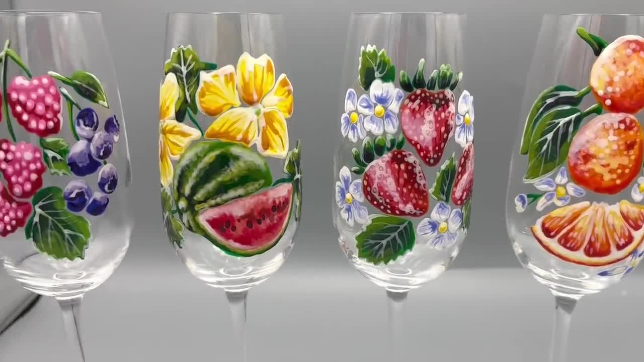 Hand Painted Champagne Glasses/ Flute style/ Set of of 6/ Summer berries and fruits design.