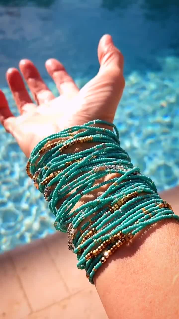 Glass Bead Wrist or Ankle Bracelet in Turquoise, selling Cream and Copper