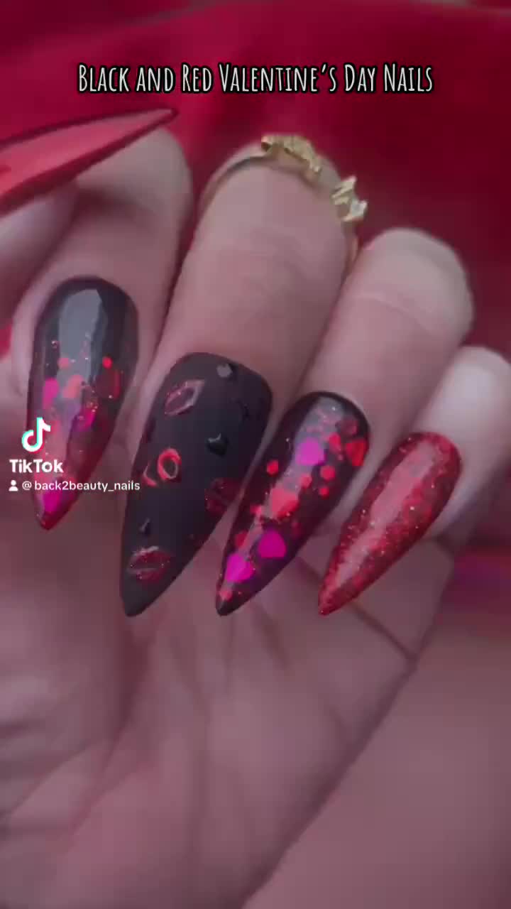 Handmade Black Deep Red Ombre New Year Christmas Press on Nails