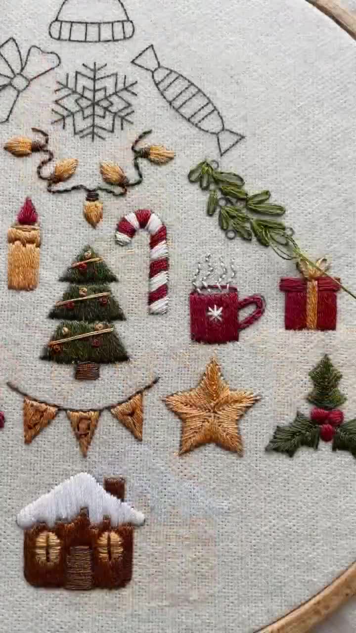 クリスマスツリーの刺繍パターン、お祝いのDIY要素サンプラー