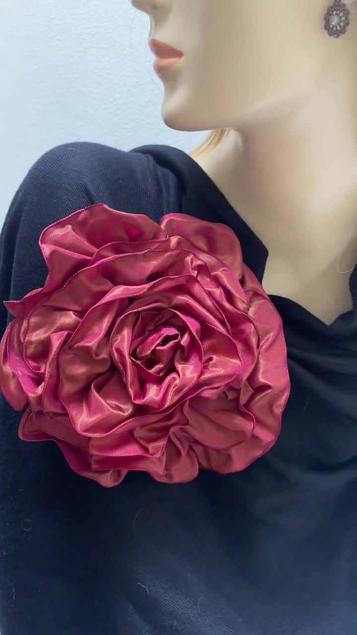 Large Fabric Flower Brooch, Rose Pin, Burgundy Magnetic Brooch Pin 