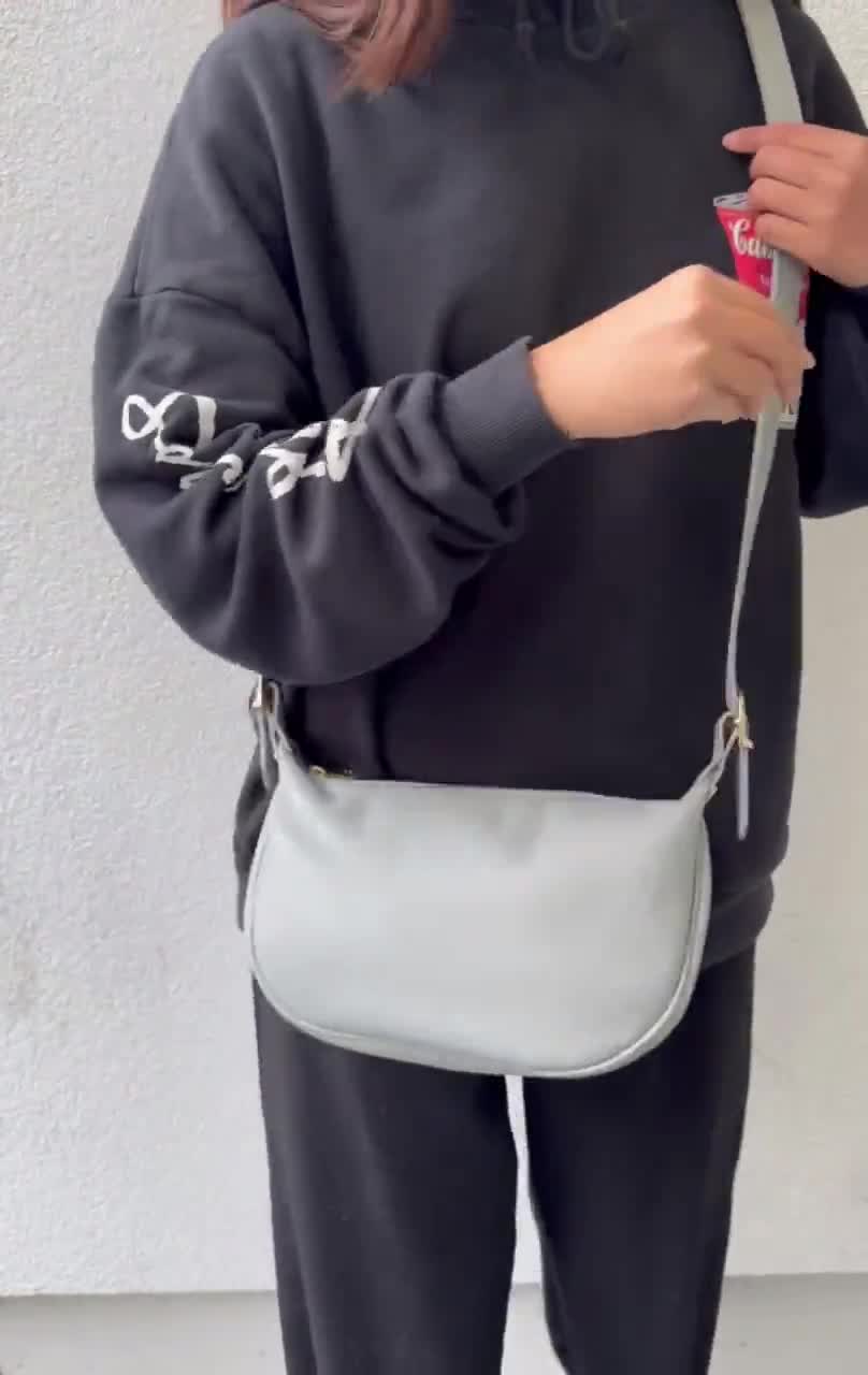 Half Moon Light Grey Genuine Leather Handbag With Detachable