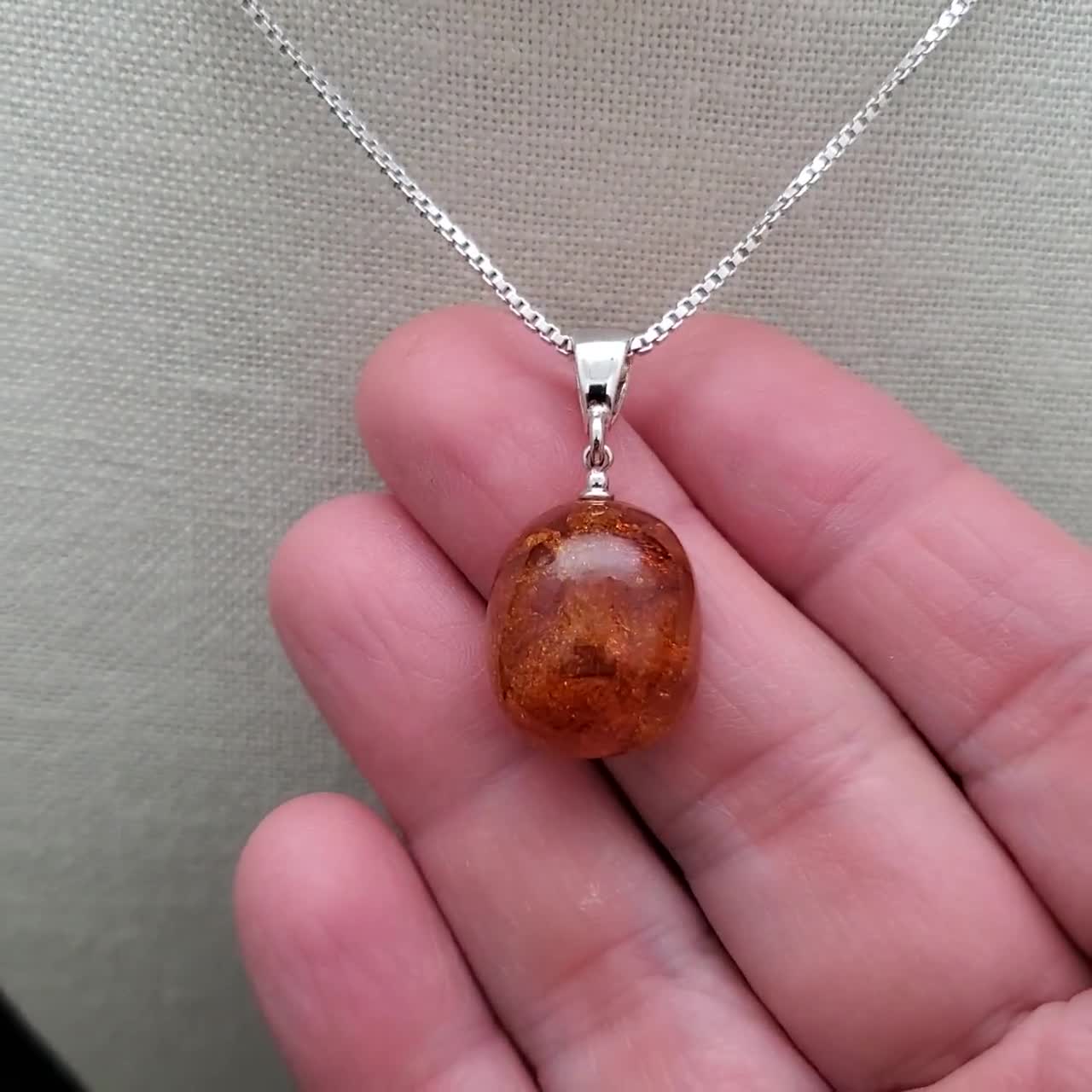 Pendentif Ambre Baltique Authentique – Argent Sterling 925 – Pierre Cognac – Fantaisie Femme
