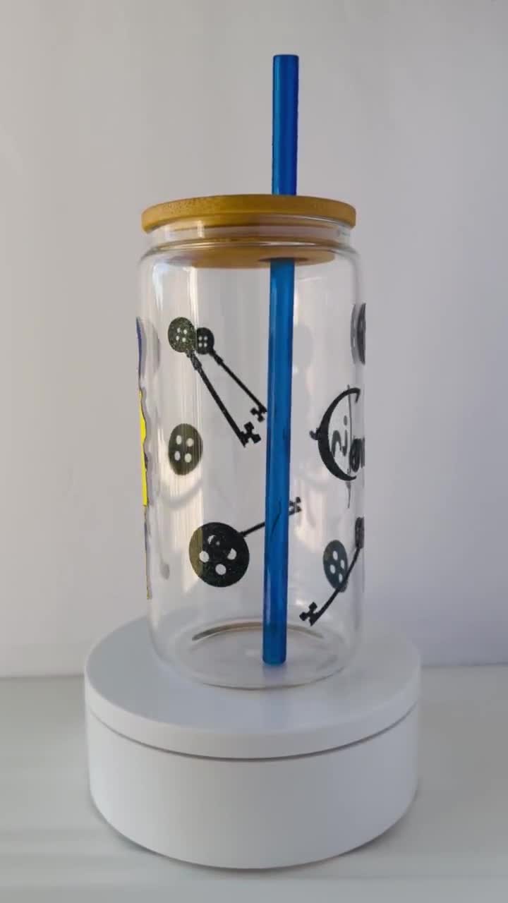 Coraline Inspired Iced Coffee Cup: 16 oz Glass with Bamboo Lid & Blue Straw video poster