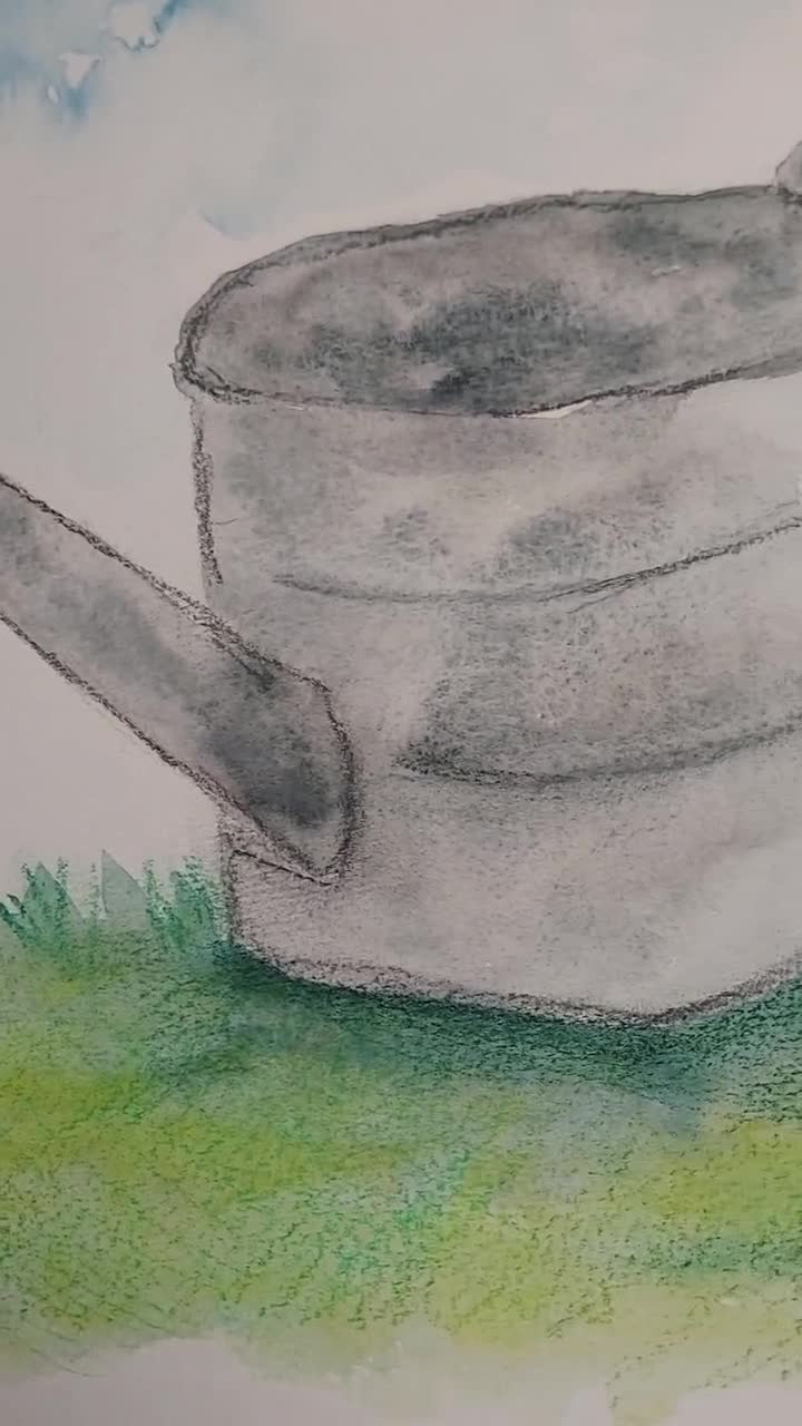 Watering Can Hand Painted Watercolor Painting 9x12, Nature