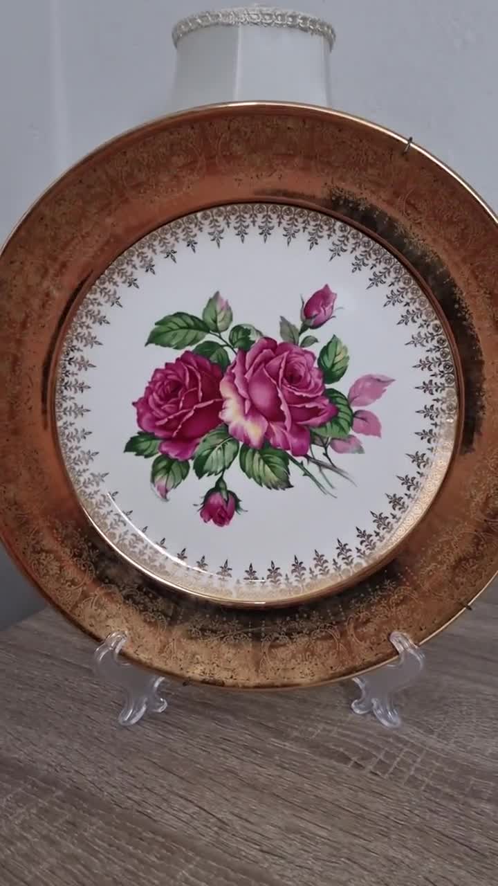Vintage Decorative Plate With Pink Roses and Ornate Gold Trim - Etsy