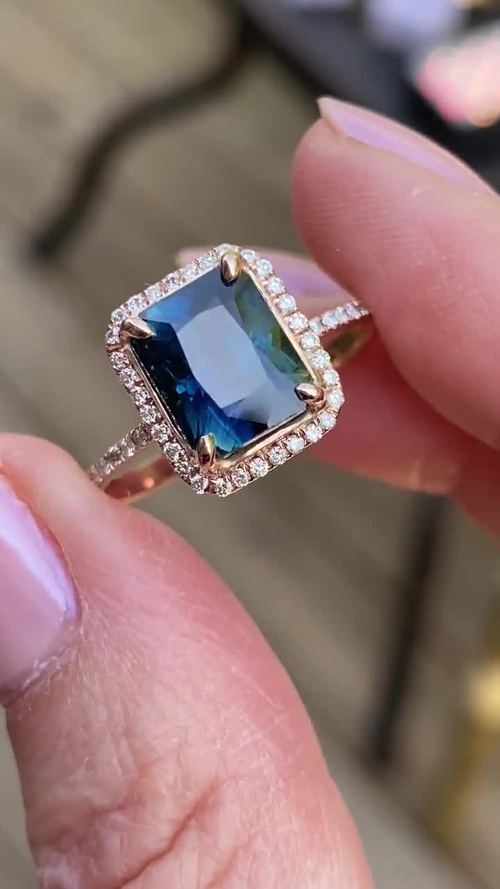 Peacock Teal Cushion Sapphire Ring with Chevron Diamond Band Set
