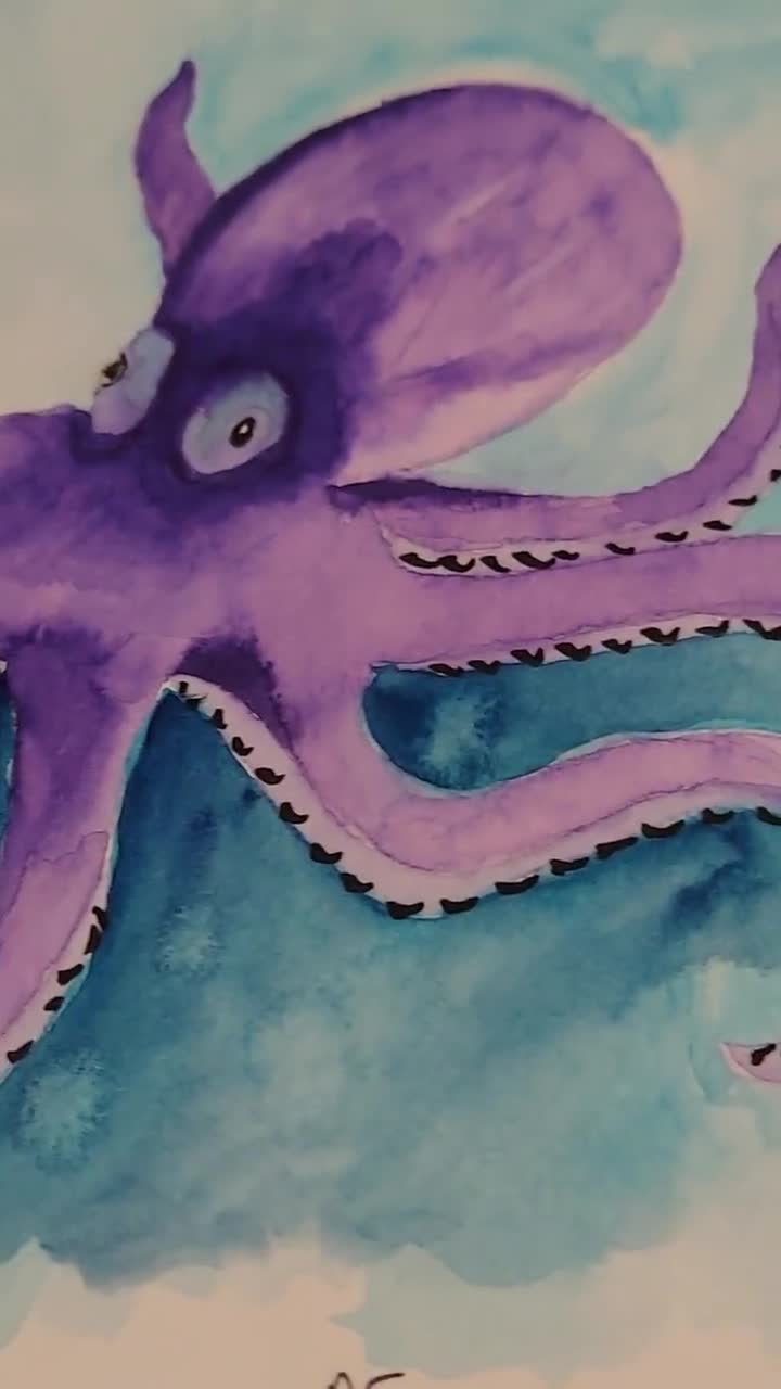 タコの水彩画、海の下のオリジナルの壁アート - Etsy 日本