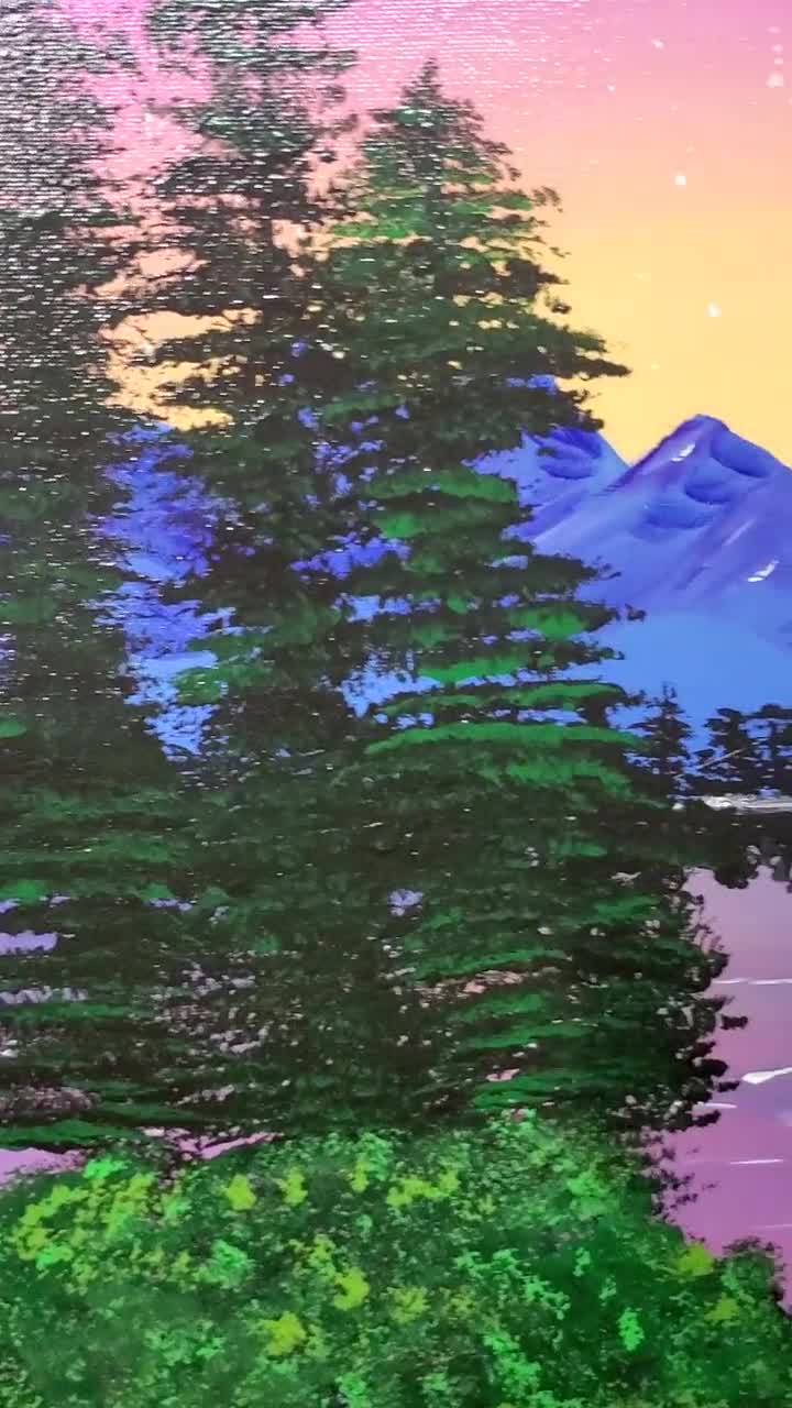 Twilight Reverie: Mauve Peaks and Pine Serenity - Acrylic Painting