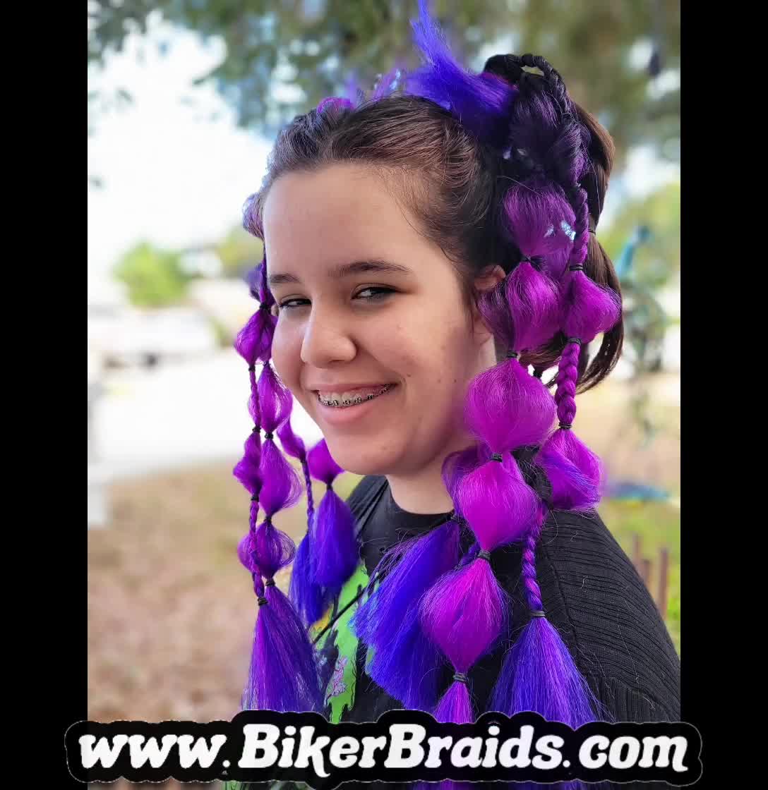 Biker Braids, Saki Green Purp, Rave Braid, Helmet Ponytail