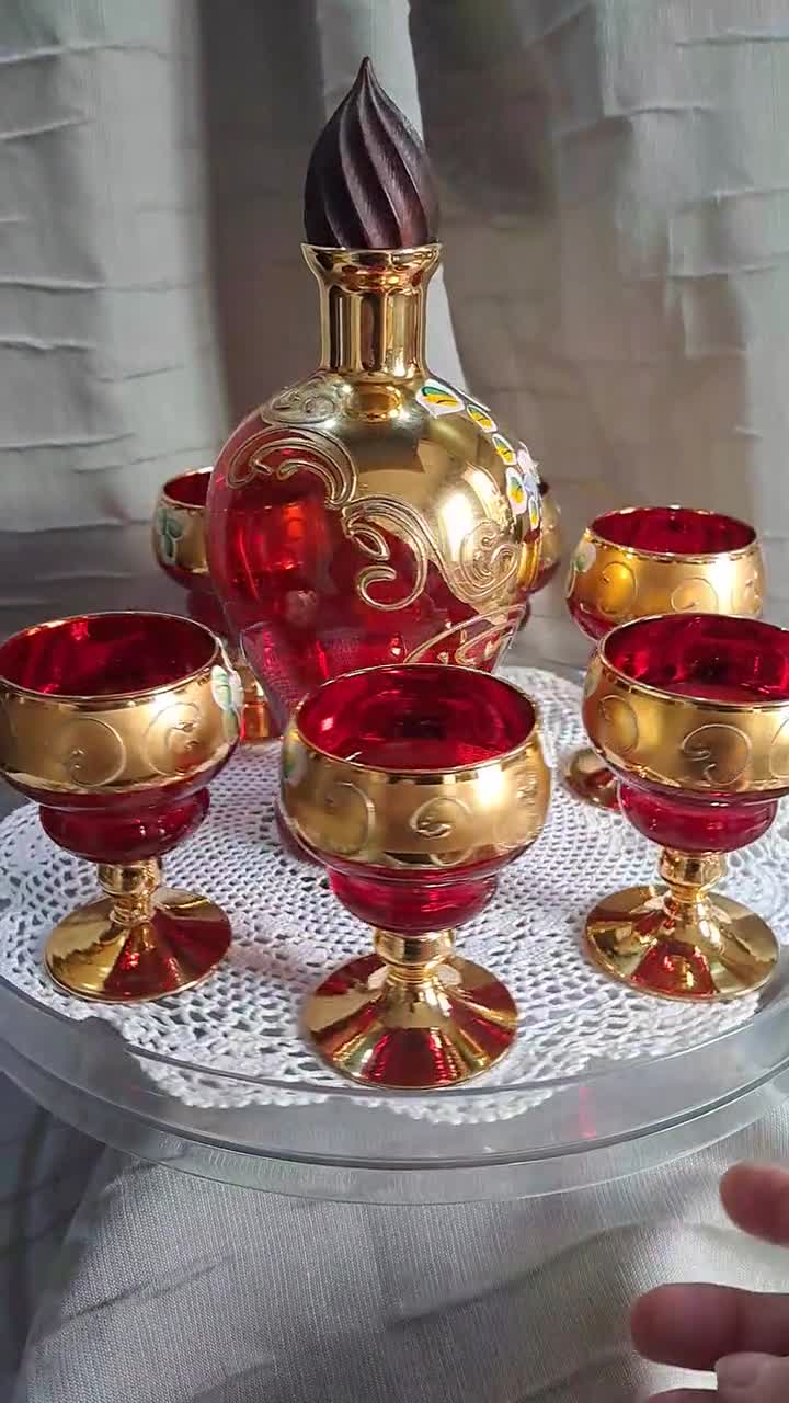 Vintage Murano Glass Decanter Set: Ruby Red, 24K Gold Enamel