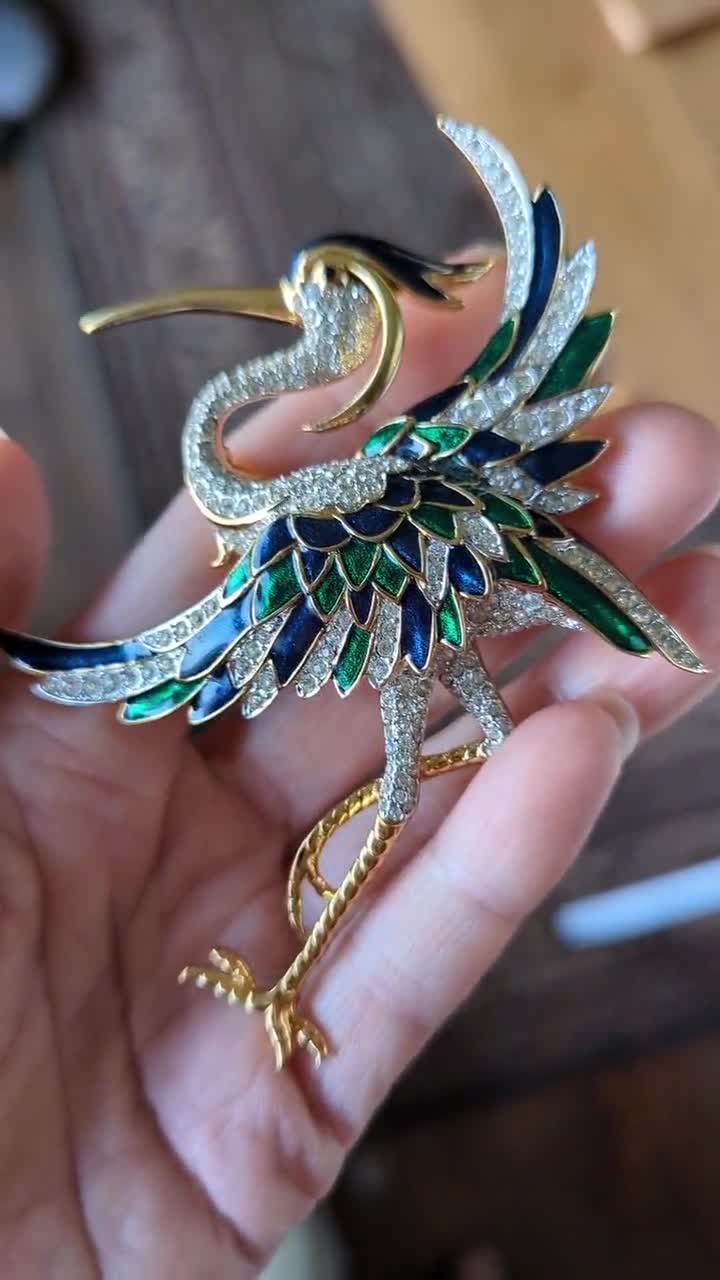 D’ORLAN エナメルペイント 鳥バード ブローチ ラインストーンヴィンテージ Massive 70s D'ORLAN Heron Bird Brooch 22K Triple-plate Gold