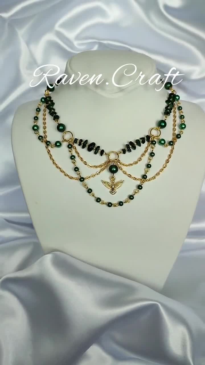 Boho Layered Necklace, Green Gold Crystal Fairy Jewelry, Handmade Gift. 