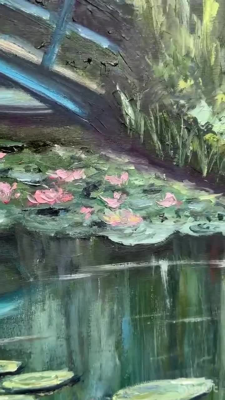 睡蓮の池の絵画 モネの橋 オリジナルアートワーク キャンバスに手描き