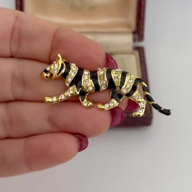 Vintage Gold Panther Brooch, Gold Plated Brooch, Enamel