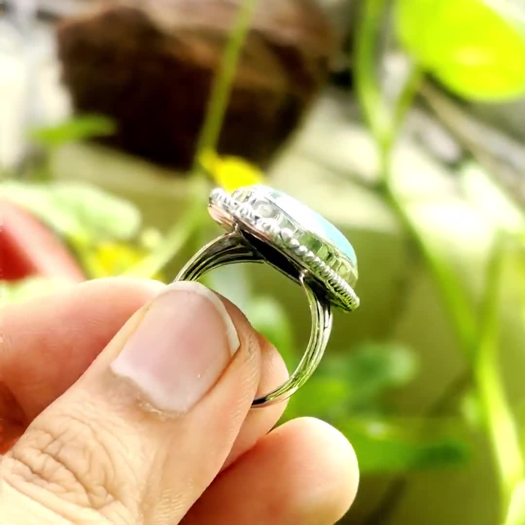 Koral Jewelry Turquoise Lotus Ring - 925 Sterling Silver Boho Vintage Ring For Women (Size 9)