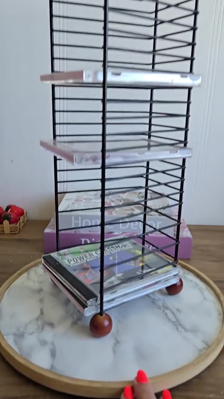 Vintage Black Metal CD/DVD Holder Storage Tower With Wooden Legs