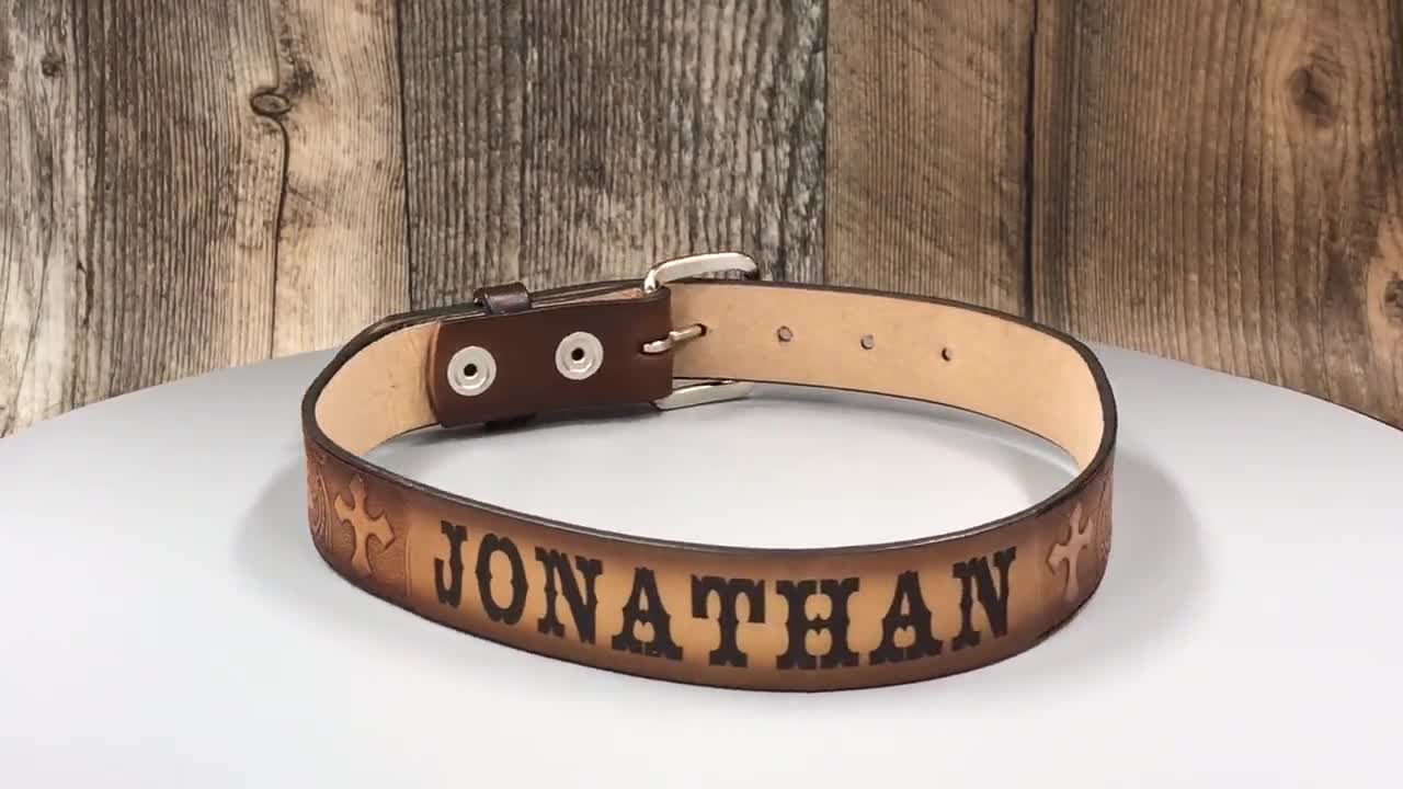 Boys Cowboy Belt Kd Name Belt Western Cross Embossed Brown Leather