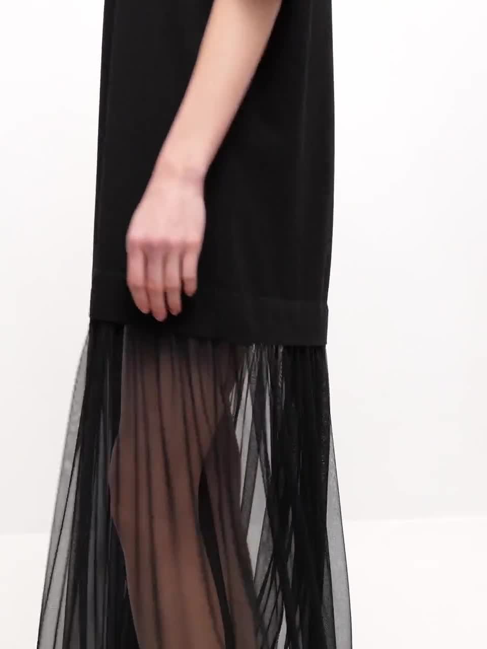 Oversized Black T-Shirt Dress with Sheer Mesh Maxi Skirt Cotton Casual Gothic Evening Outfit Oversized Black T-Shirt Dress with Sheer Mesh Maxi Skirt Cotton Casual Gothic Evening Outfit