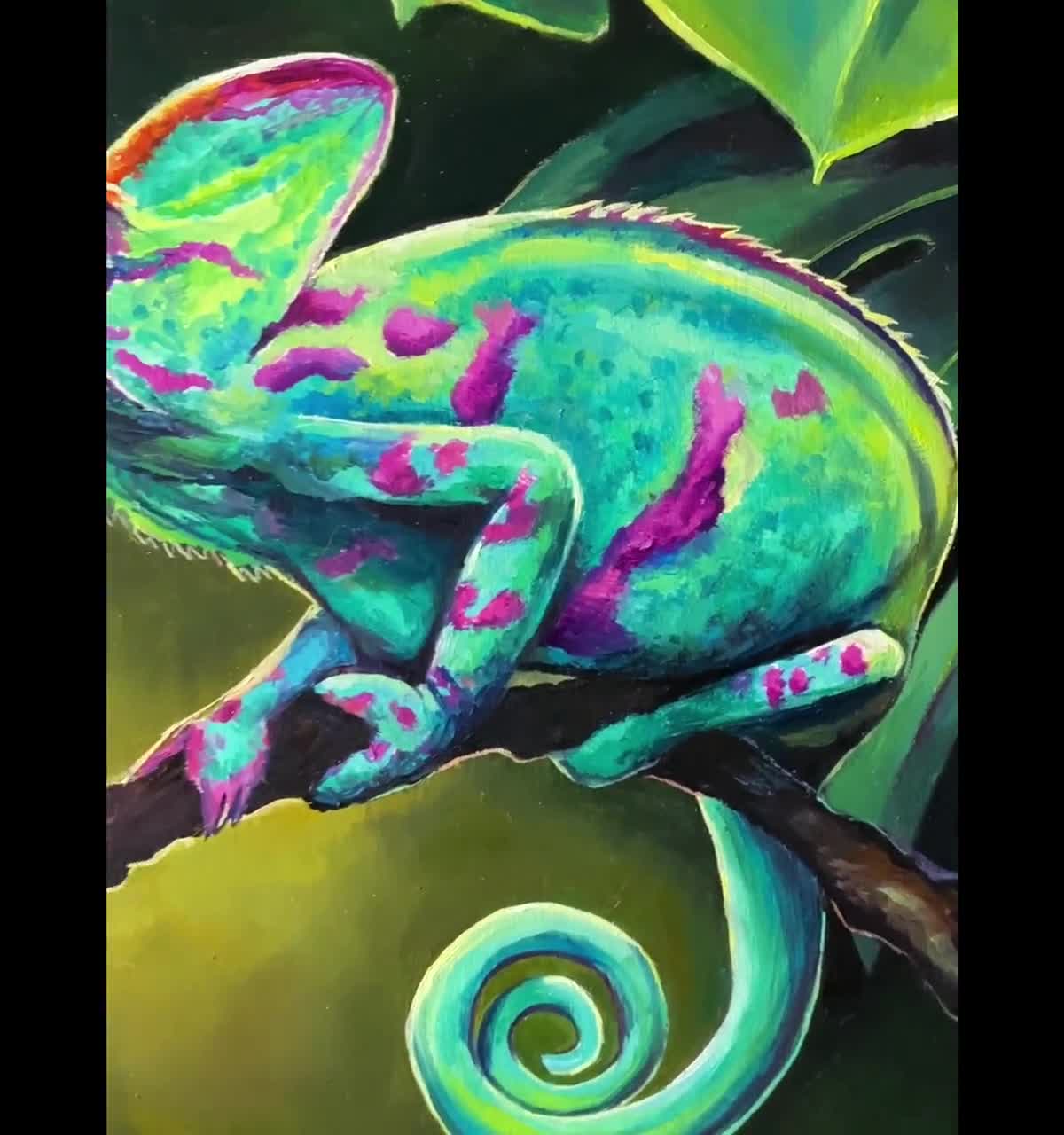 グリーンカメレオンアートプリント、爬虫類の油絵、熱帯動物のアート