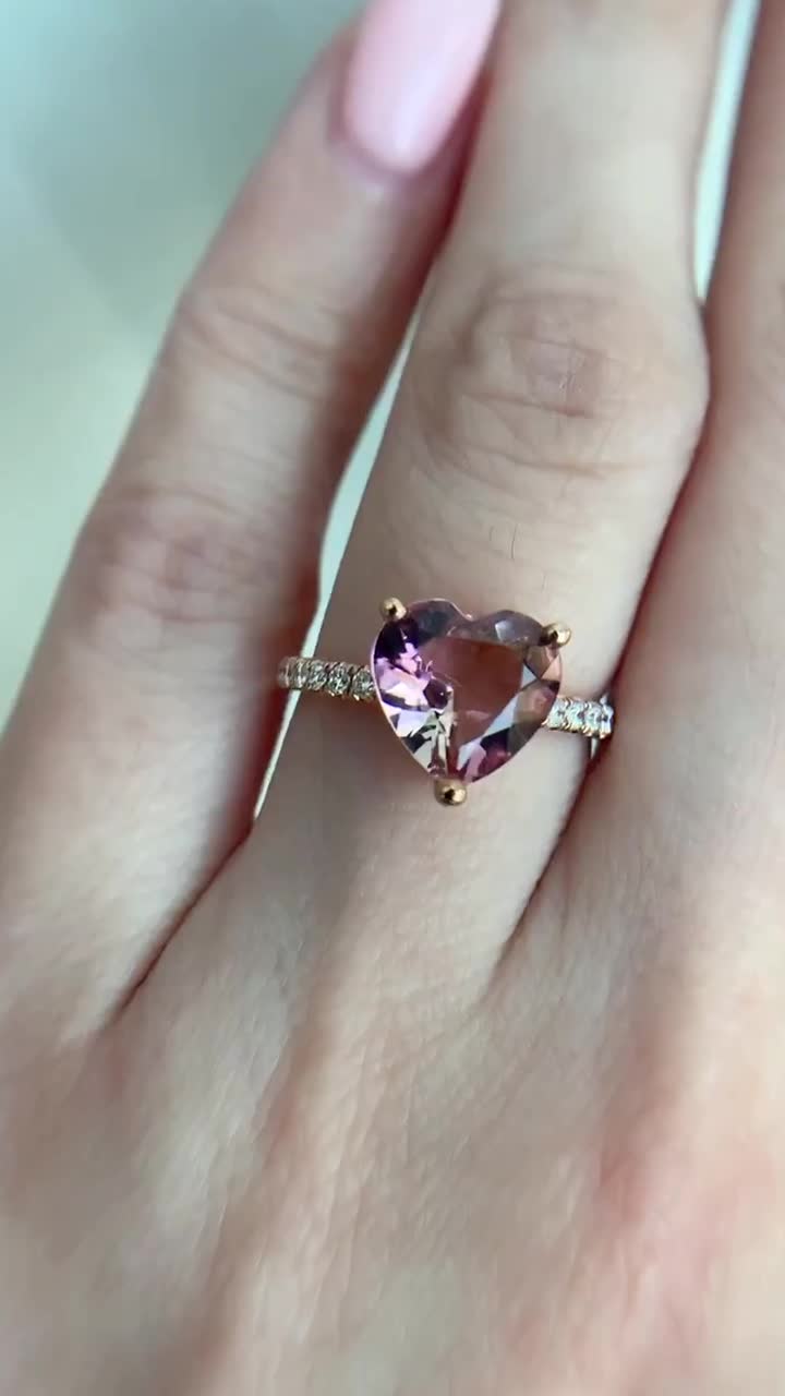 Pink Heart Ring, Heart Shaped Engagement Ring, Rose Gold Ring