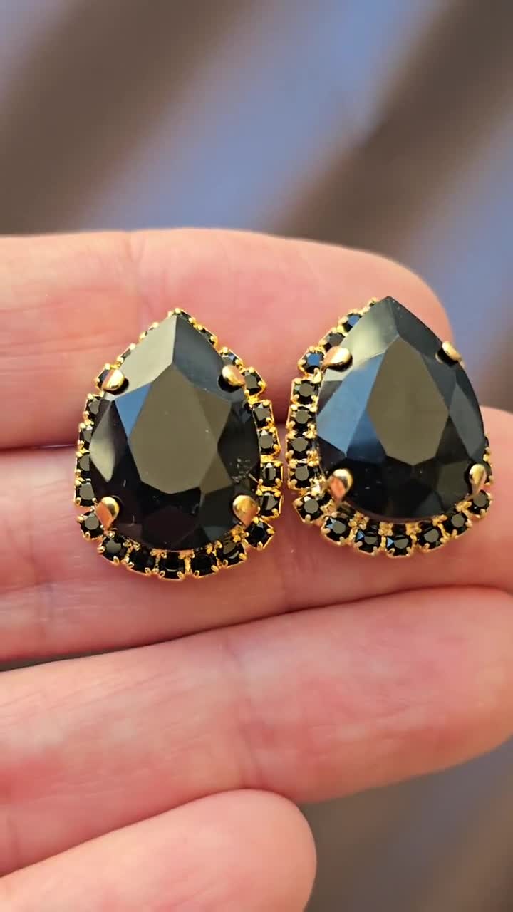Stud Earrings. Black Crystal & Gold Earrings. Drop Shape Stud Earrings. Gift for Women ,Teardrop Black dress Jewelry. Black Stone Earrings, Stud Earrings. Black Crystal & Gold Earrings. Drop Shape Stud Earrings. Gift for Women ,Teardrop Black dress Jewelry. Black Stone Earrings,