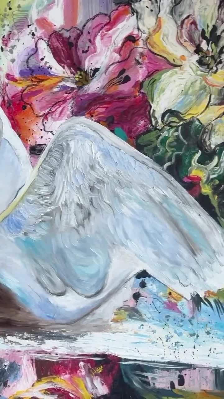 ホワイトスワン抽象画 キャンバスに油彩とアクリル、花のアート - Etsy