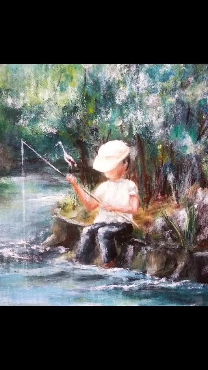 Little Boy Fishing Handmade Painting Original 9x13, Green White