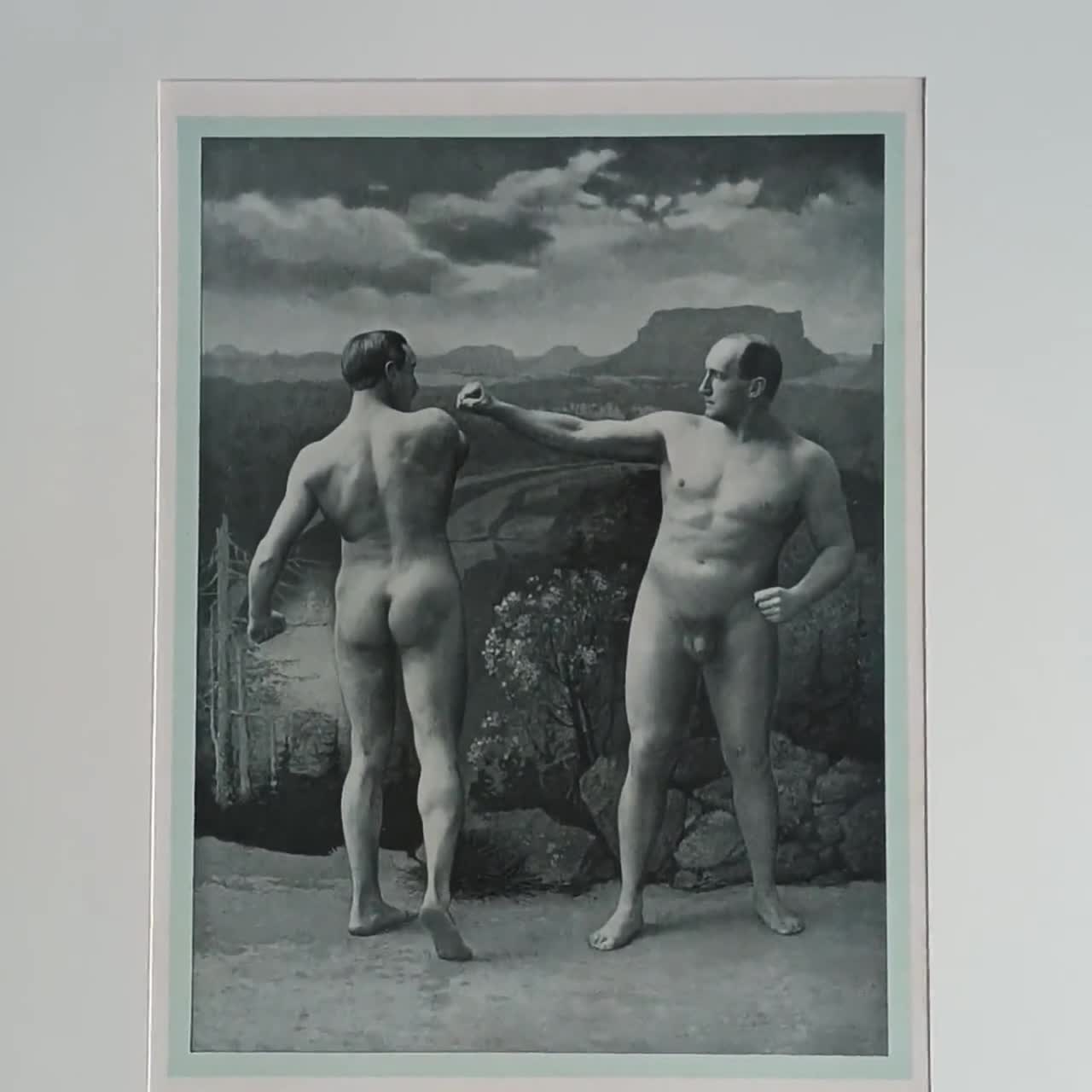 Beautiful male nudes - Two virile men nude frontal and nude from behind -  Print from a German photo - Naturist movement - 1922