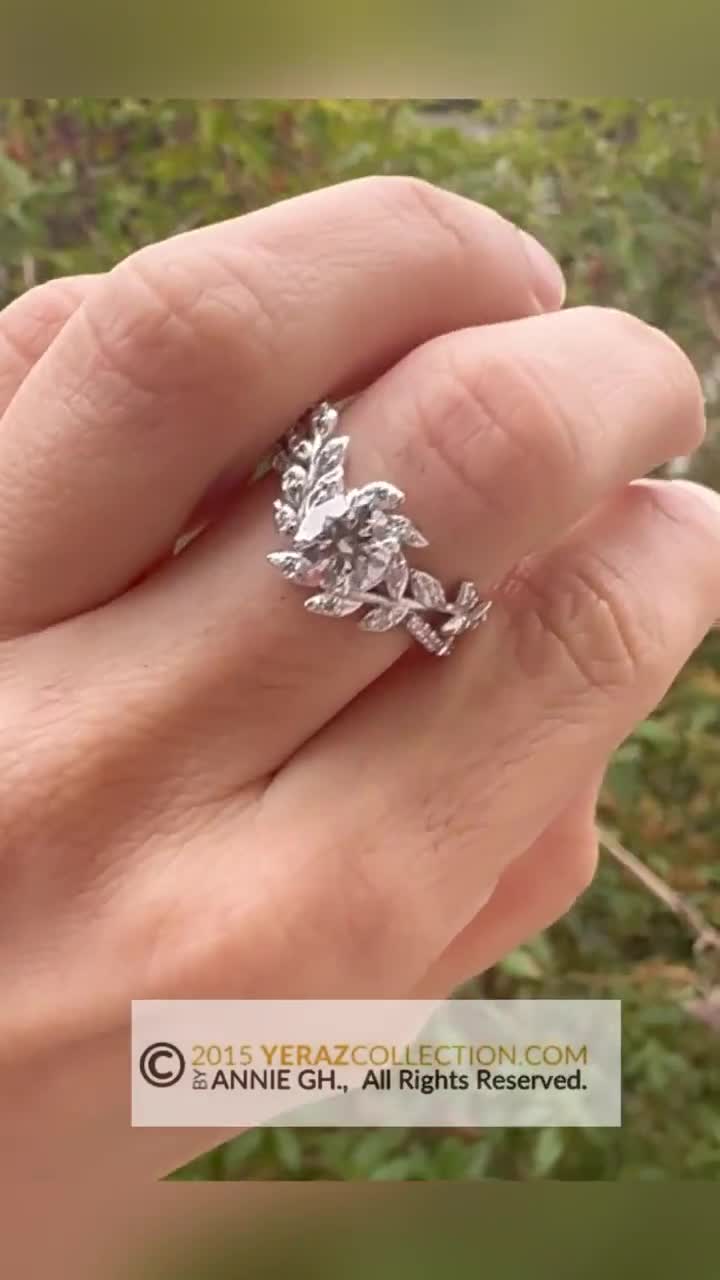 Leaf Engagement Ring, White Gold 14k, Moissanite Center