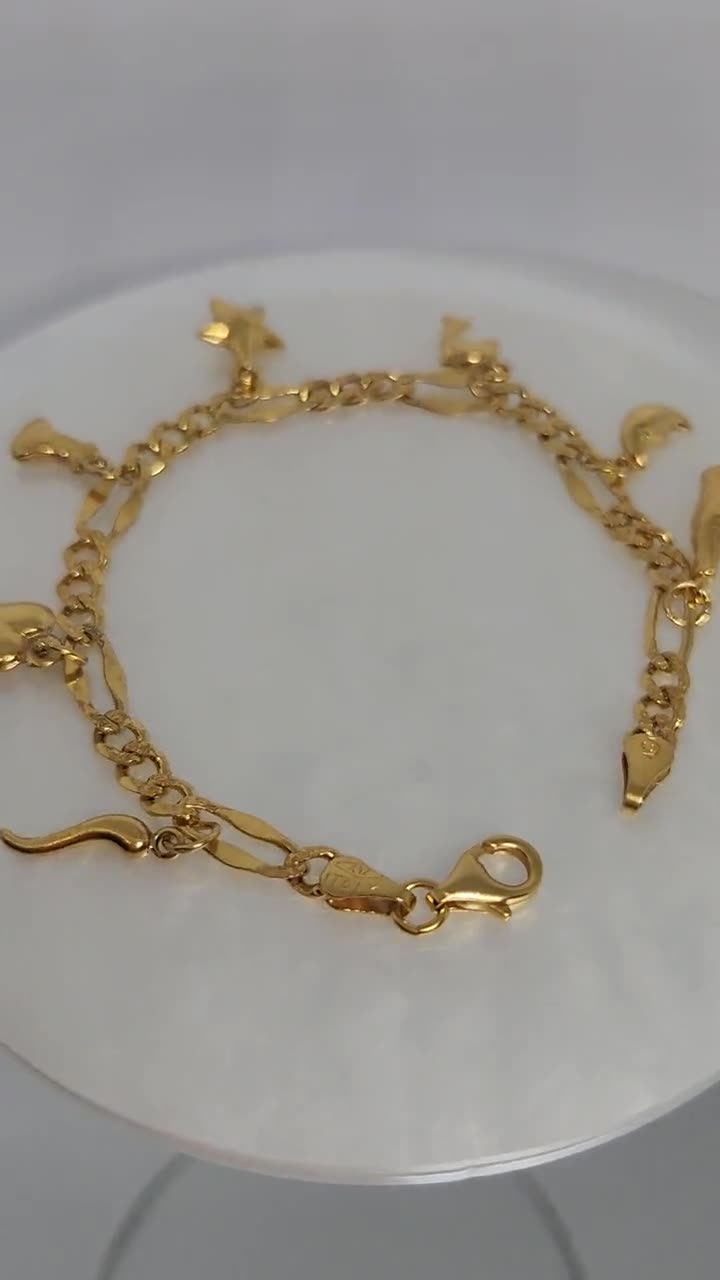 10K Yellow Gold VINTAGE Charm Bracelet, Gold Figaro Bracelet