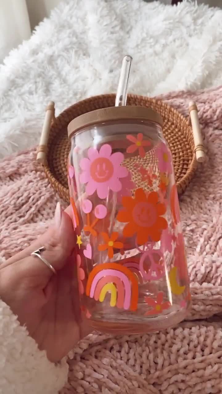 Retro & Groovy Flowers Aesthetic Beer Can Shaped Glass Cute Boho