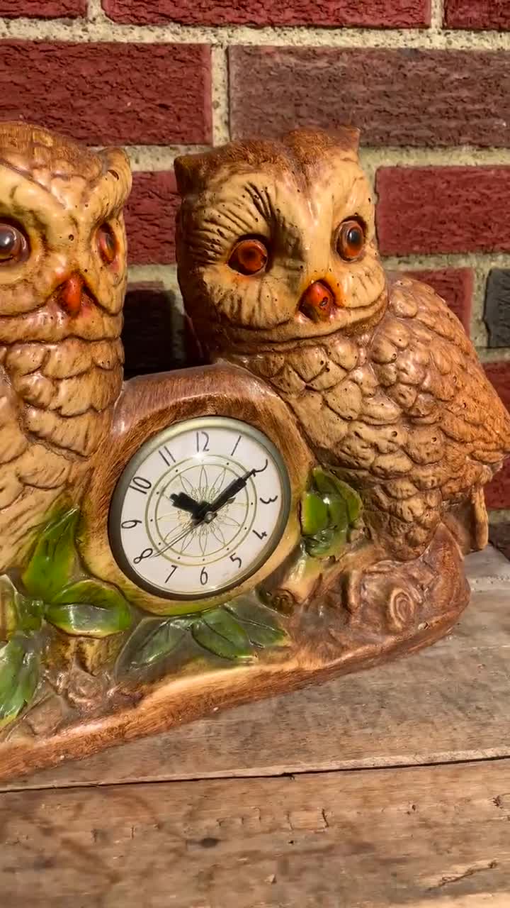 Vintage Heavy Chalkware Pair of Owls Clock Movement Made by
