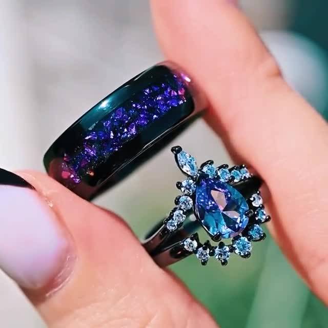 Alexandrite Ring Set, Crab Nebula, Outer Space His and Her
