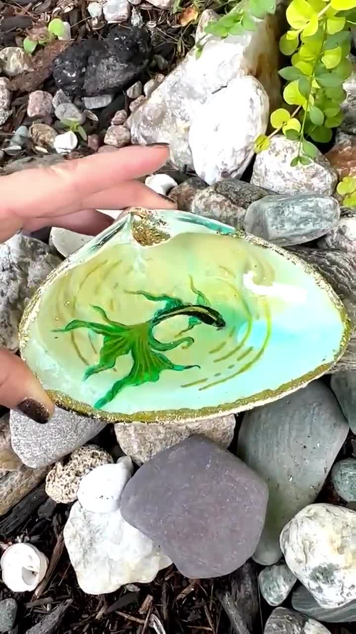 Joyero de concha marina grande natural pintado a mano de acrílico, soporte para suministros de oficina, decoración shabby chic para sala de estar, regalo ingenioso para mujeres video poster