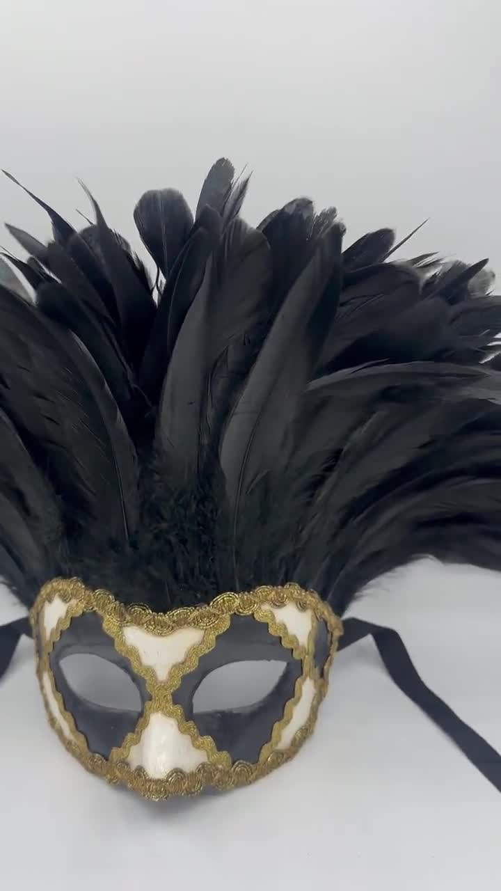 Feathered Venetian Masquerade Mask: Black, White & Gold video poster