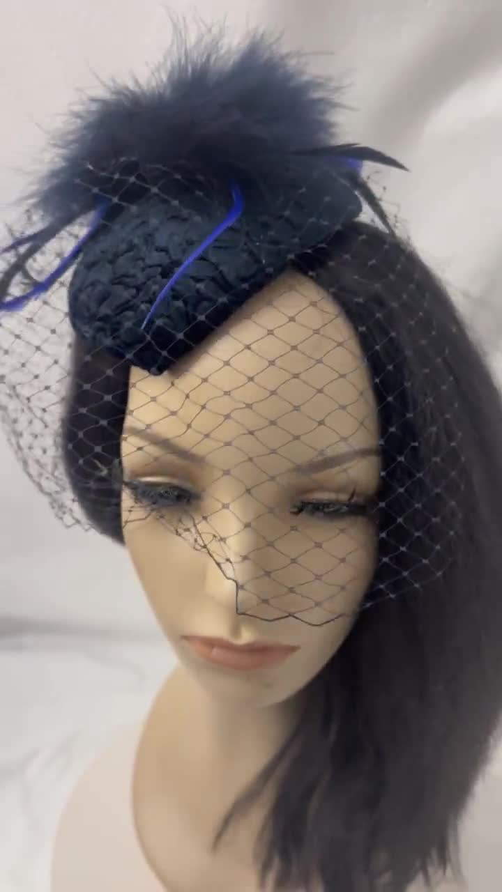 Dark navy Blue Fascinator with veil, Navy Blue Feather Hat, Vintage wedding hat, Bridal Hat, Mother of the Bride hat, Bridemaids authentic fascinator