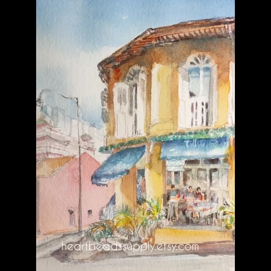 Ann Siang Hill, Singapore, old houses, Chinatown Original watercolor painting, shops asia travel, not a print, id220525 spring wallart, landscape