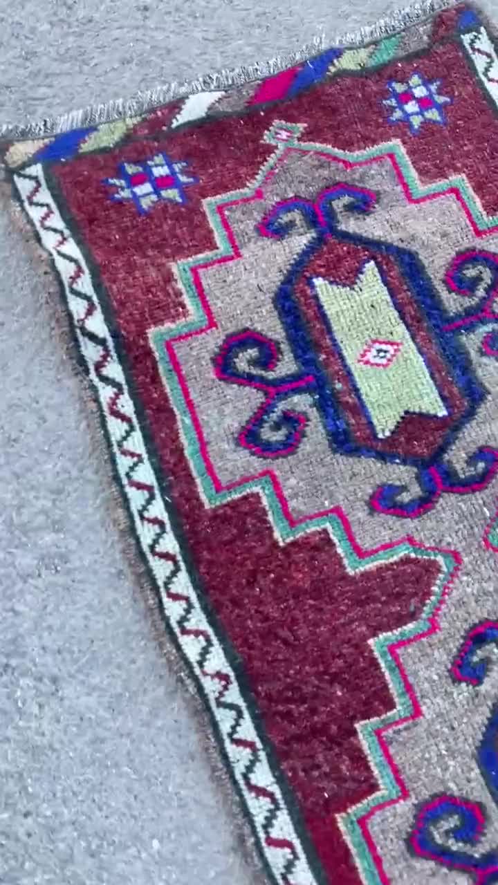 Handmade Vintage Oushak Door Mat Rug: Turkish Wool & Cotton.tax